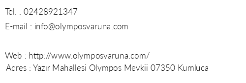 Olympos Varuna Pansiyon telefon numaralar, faks, e-mail, posta adresi ve iletiim bilgileri